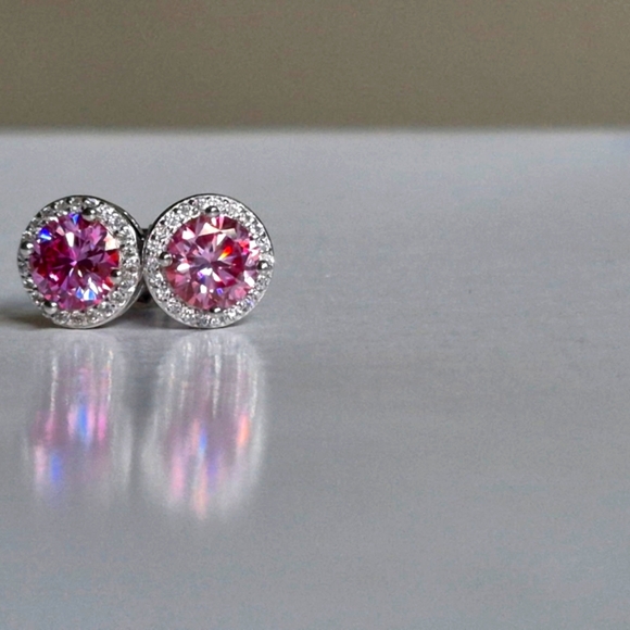Genuine Pink Diamond Moissanite Halo Stud Earrings | 925 Sterling Silver - Picture 4 of 8